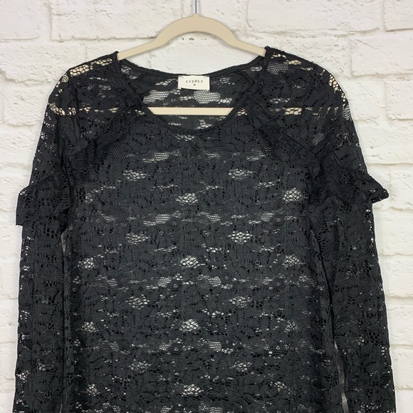 Everly Black Lace Ruffled Shoulder Sheer Dress - Picture 2 of 5